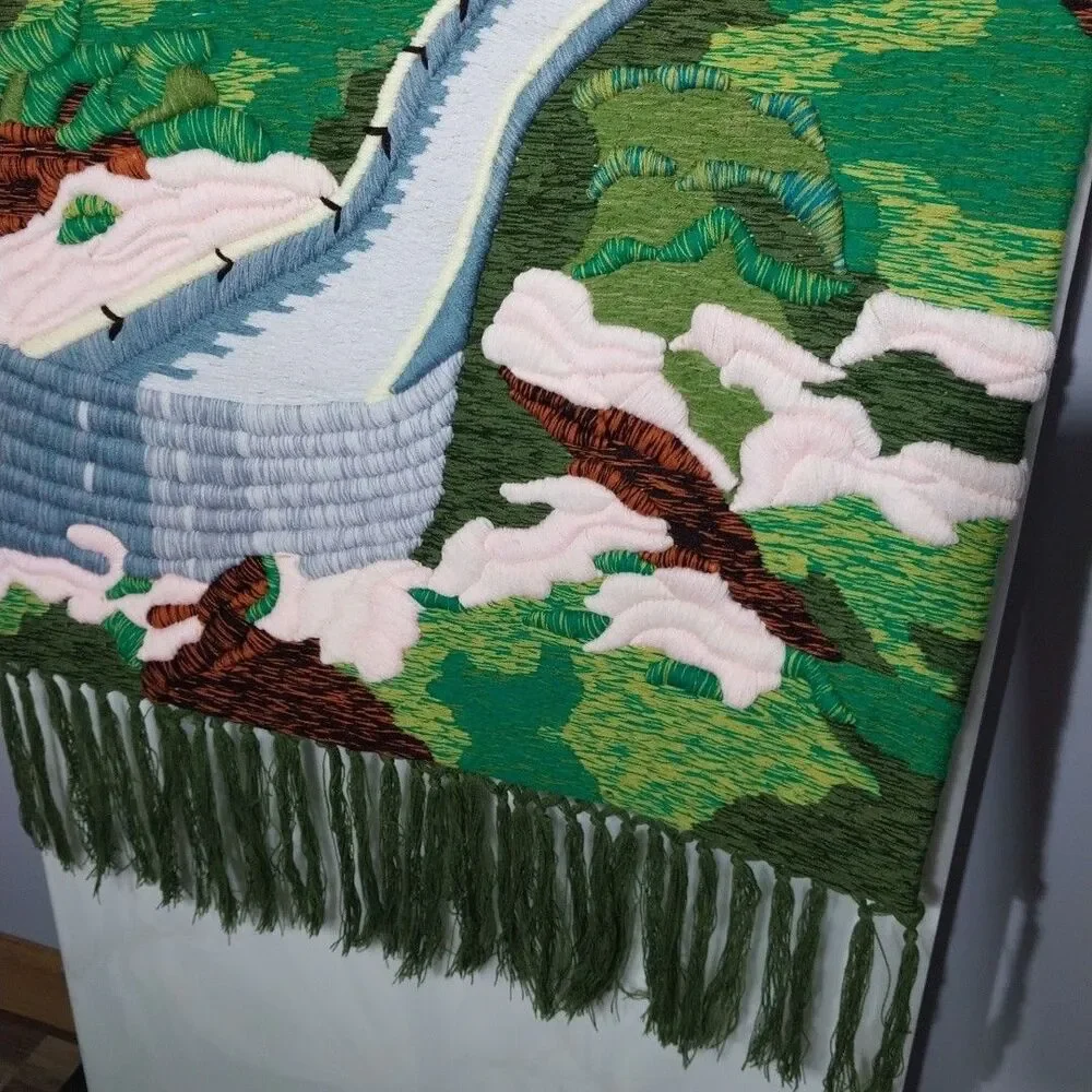 Vintage Chinese 3D Hand Embroidered Great Wall Tapestry Wall Hanging 24.5x31